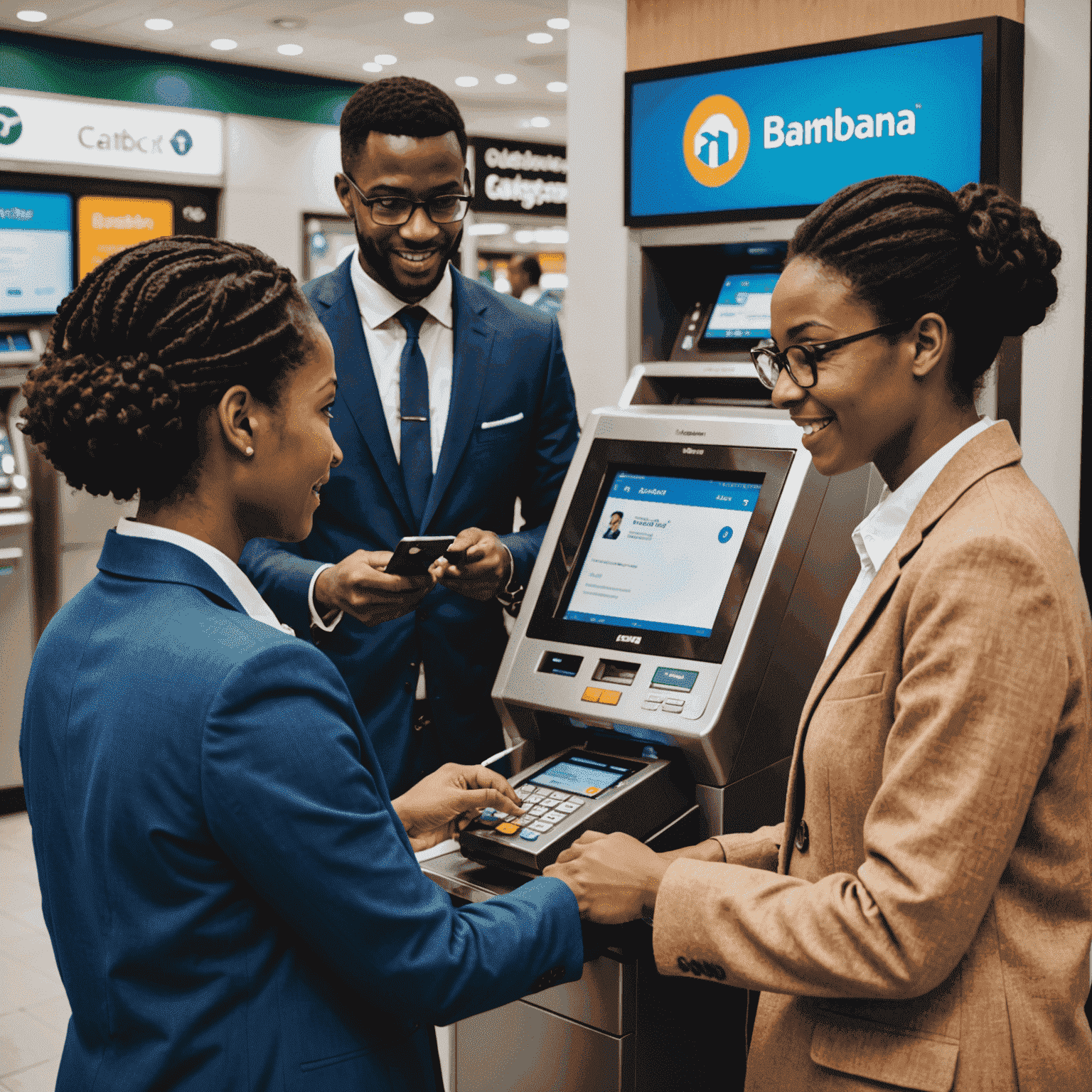 A collage showcasing various banking activities: a person using a mobile banking app, an ATM transaction, and a friendly customer service representative assisting a client. The image emphasizes the ease and accessibility of banking services.