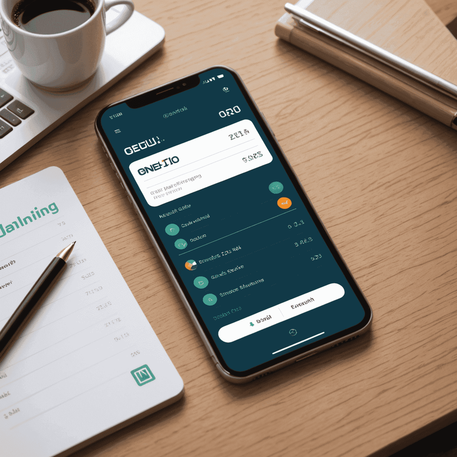 A smartphone displaying the gneu-io mobile banking app interface, showcasing various features such as account balance, transaction history, and quick transfer options. The app has a clean, modern design with the gneu-io logo prominently displayed.