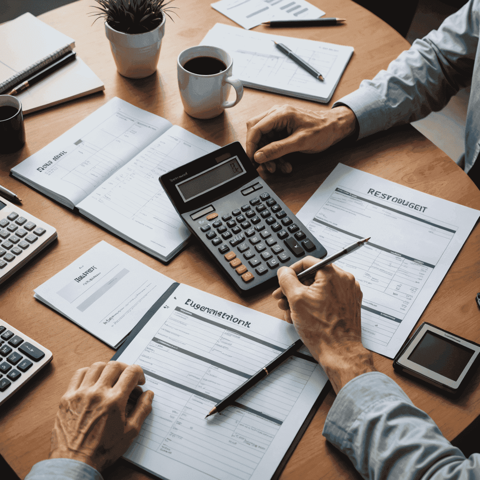 A person sitting at a desk with a calculator, notebook, and various bills, creating a personal budget. The image conveys a sense of organization and financial planning.
