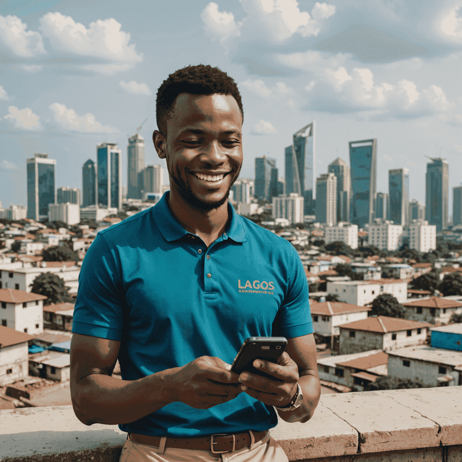 A smiling customer using a mobile banking app on their smartphone, with the Lagos skyline visible in the background