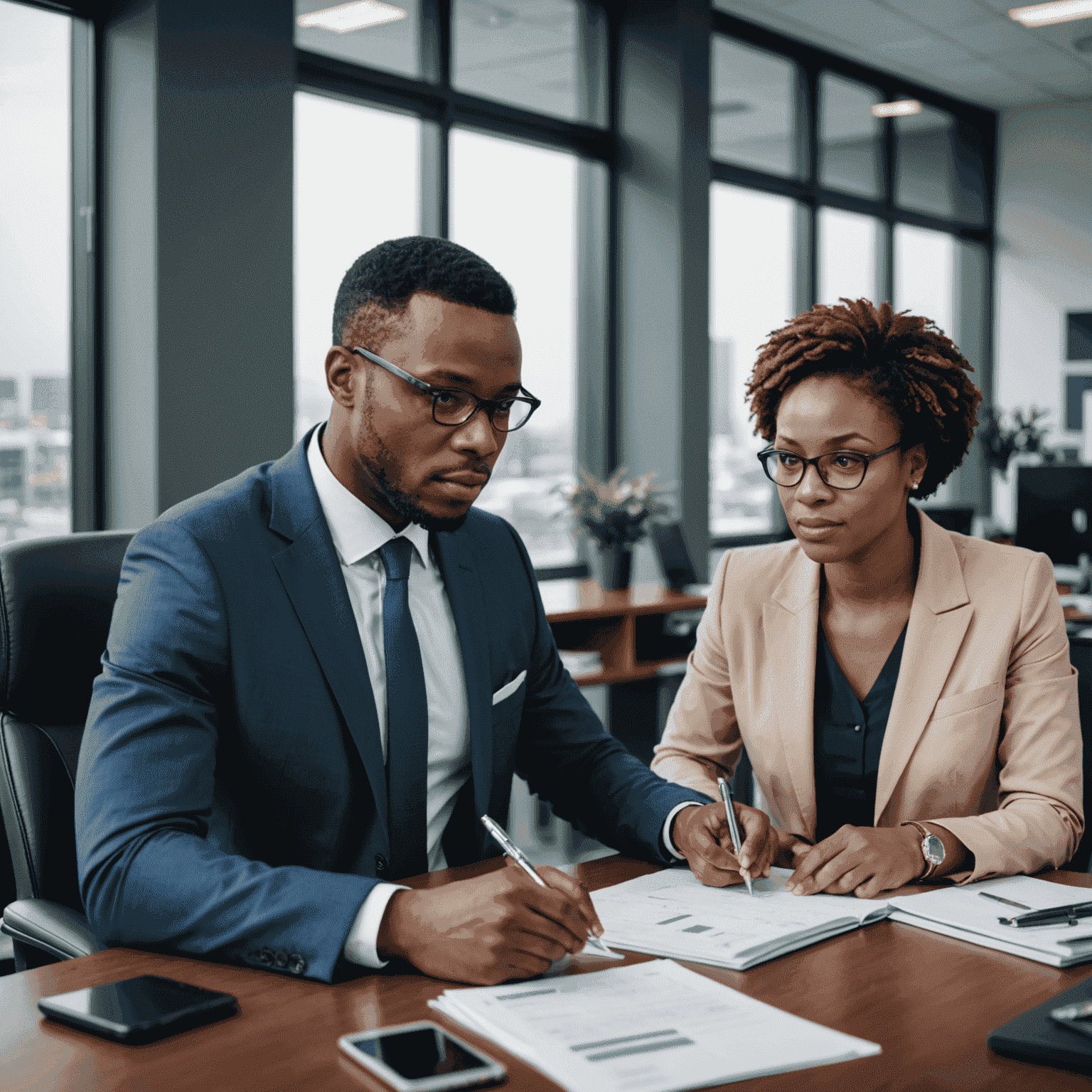 A professional banker discussing account options with a Nigerian business owner in a modern office setting