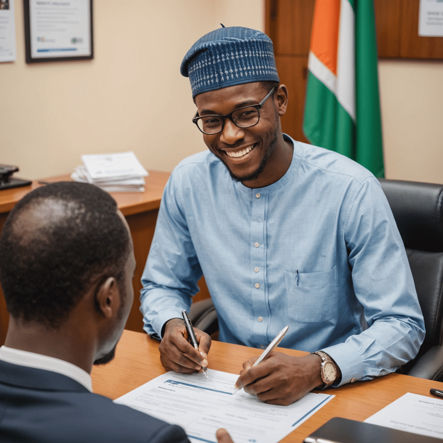 A smiling Nigerian individual receiving a personal loan document from a bank representative