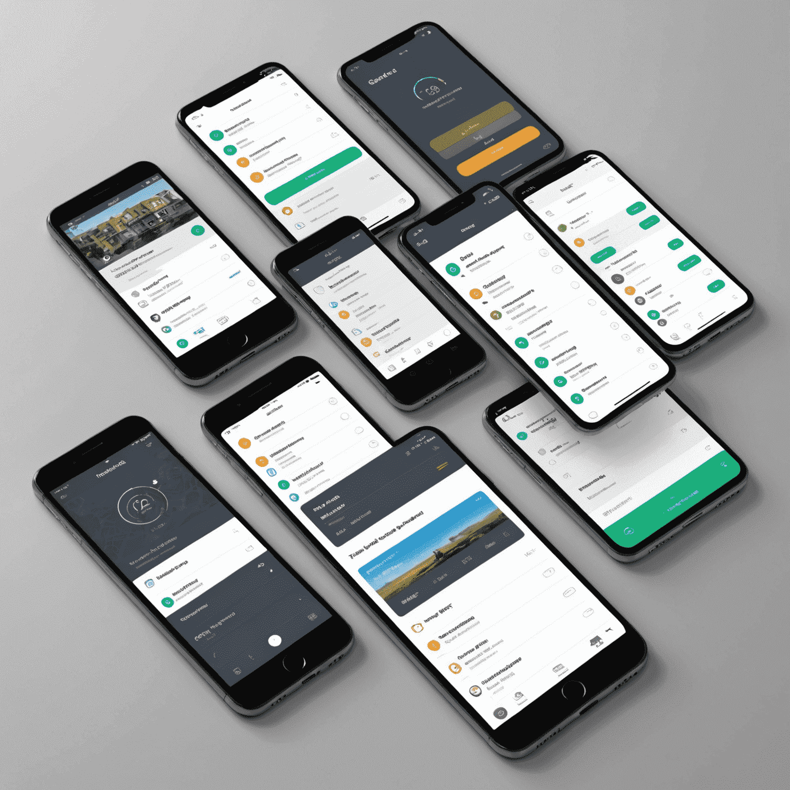A collage showing various screens of the gneu-io mobile app, including the dashboard, transfer page, bill payment interface, and security settings. The app's grey color scheme is prominently featured, giving it a professional and trustworthy appearance.