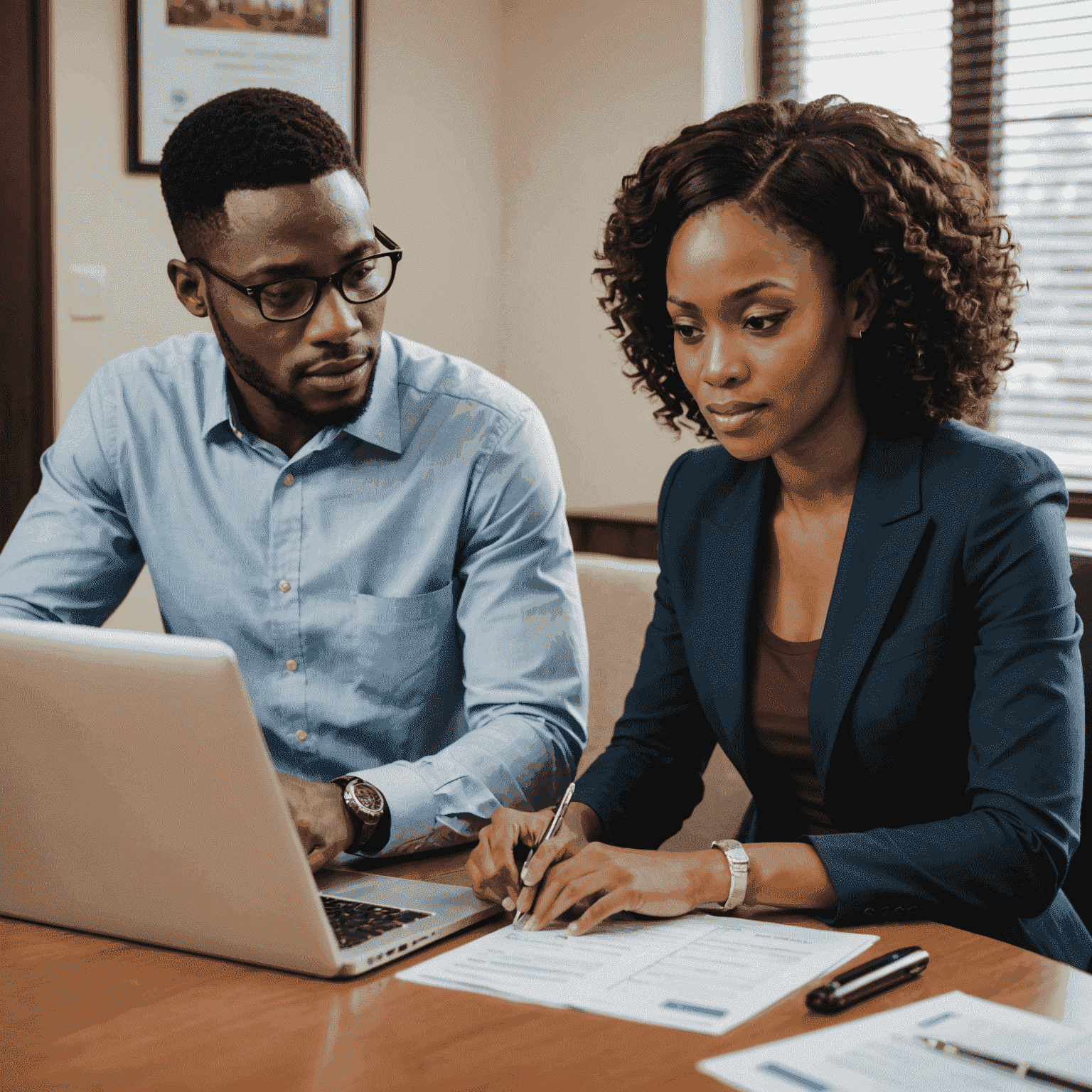 A professional Nigerian couple discussing their finances while reviewing bank statements and using a laptop