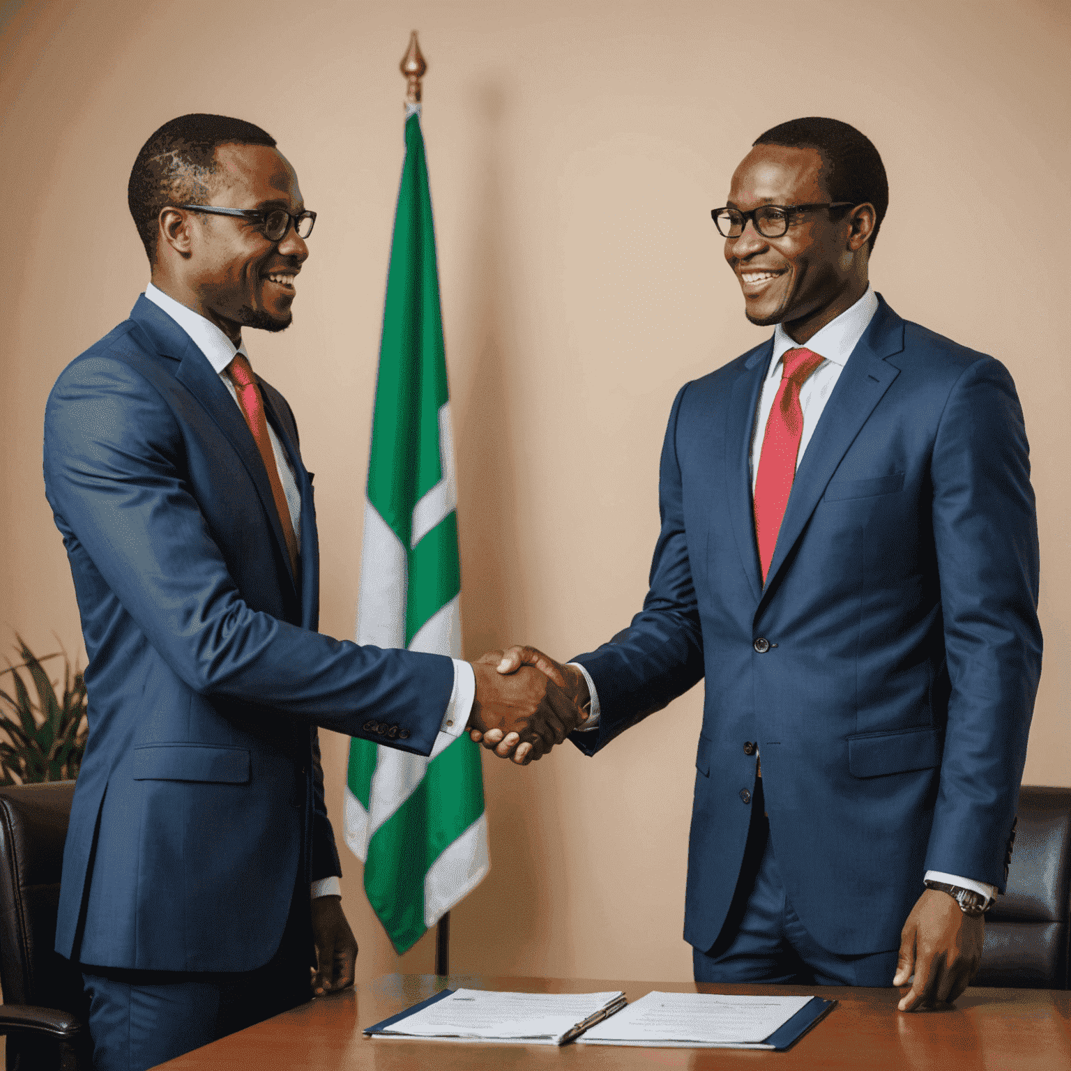 A handshake between a banker and a Nigerian entrepreneur, symbolizing a successful business loan agreement