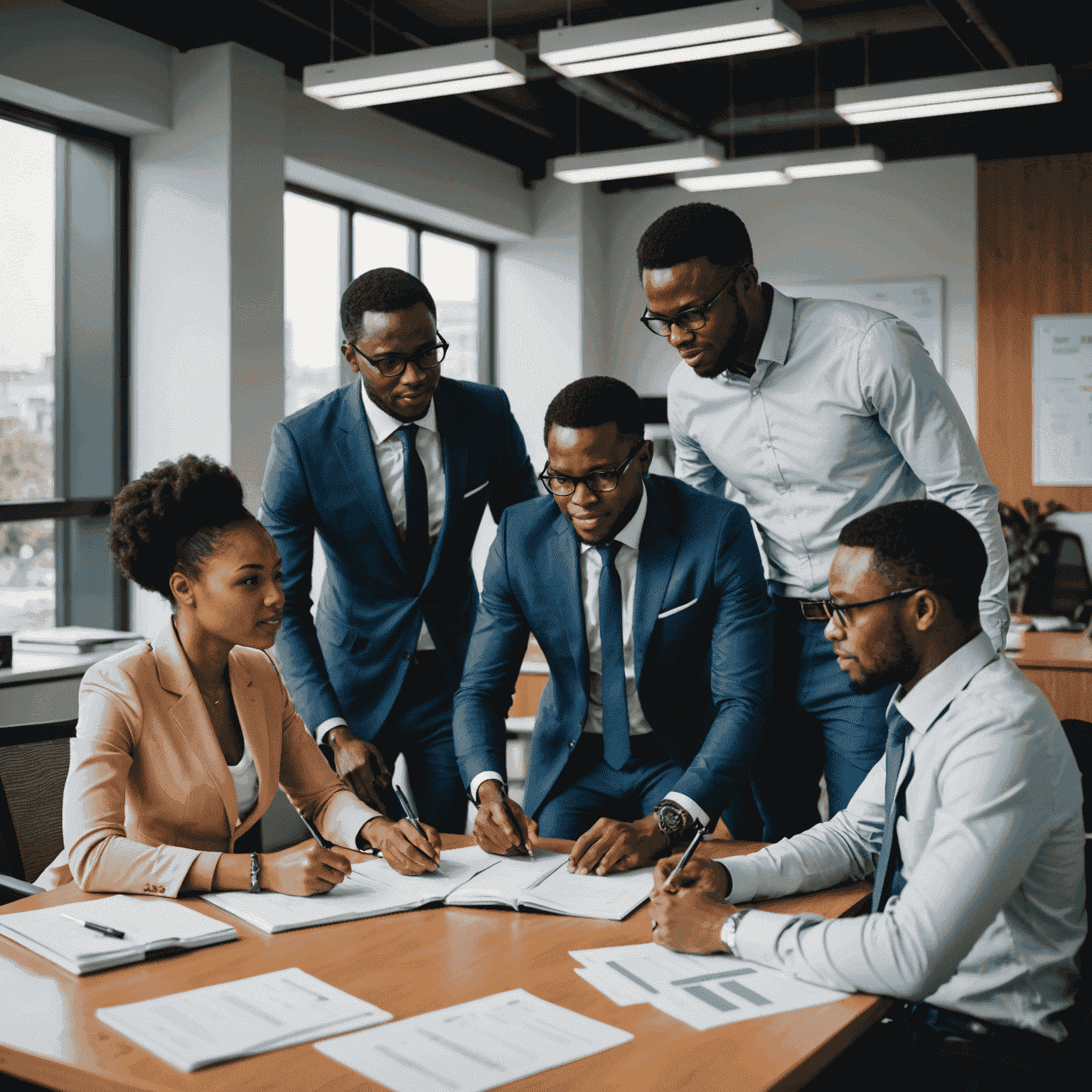 A group of Nigerian entrepreneurs discussing business plans in a modern office setting