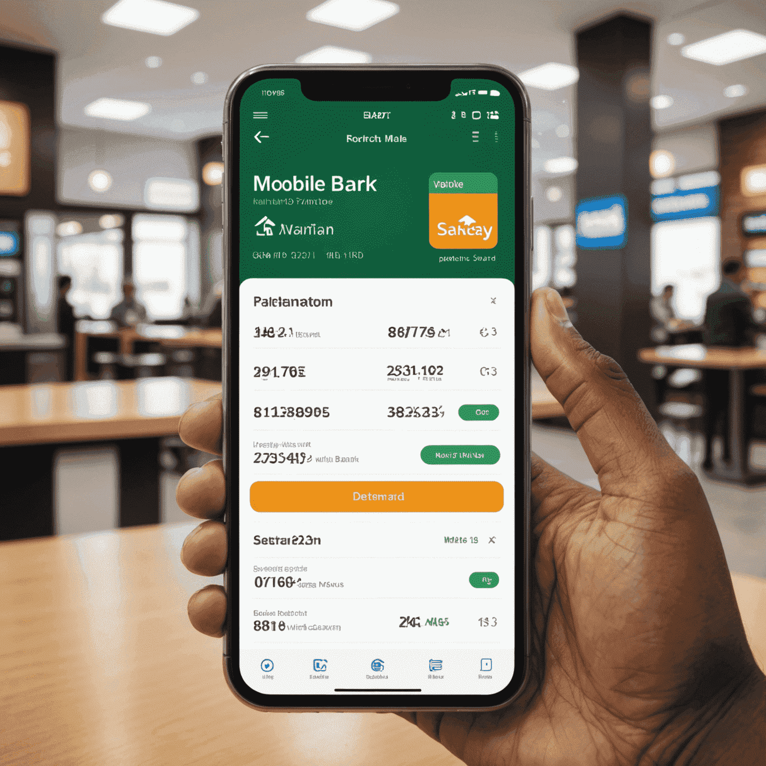 A smartphone displaying our bank's mobile app with intuitive navigation and quick access to account information