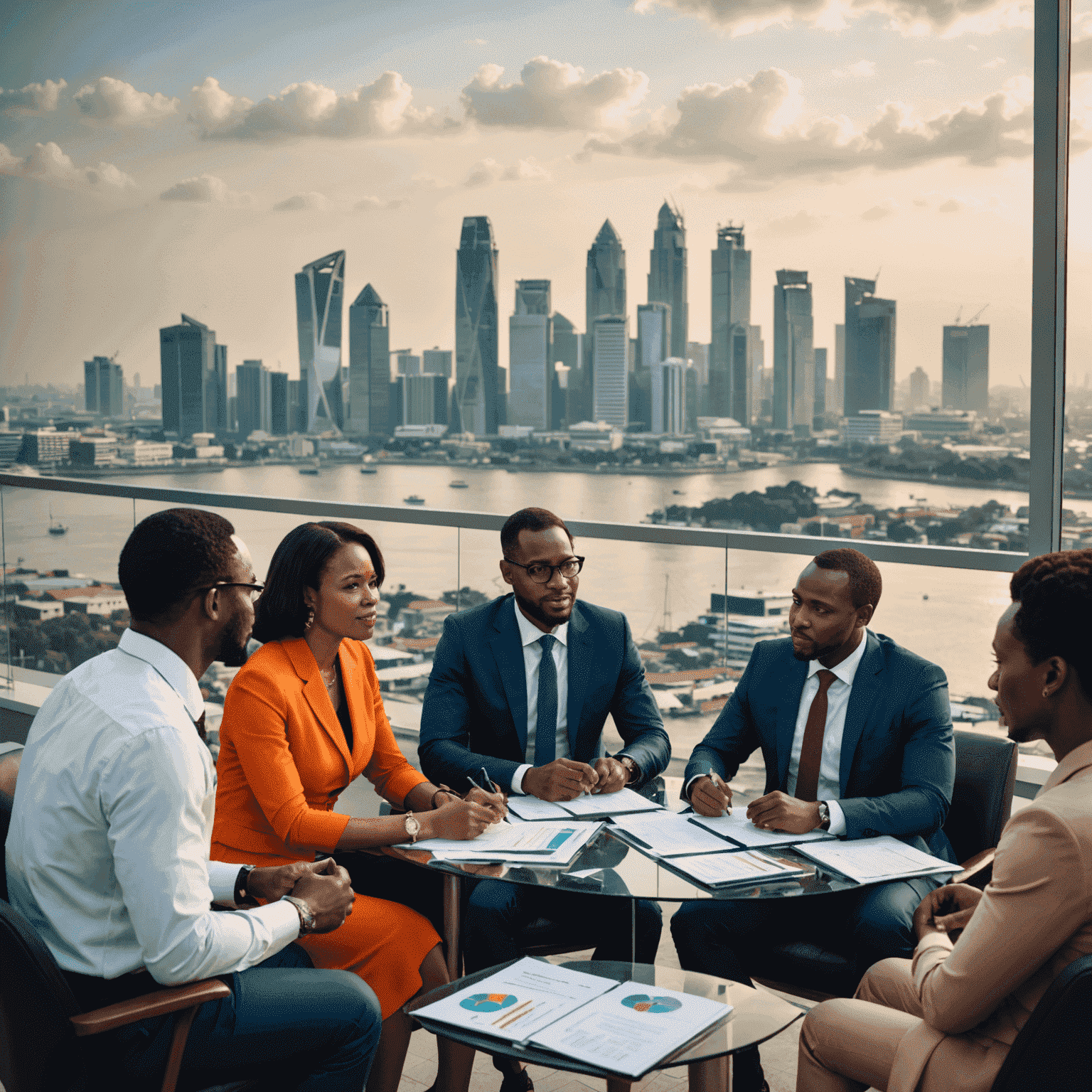 A group of diverse clients discussing wealth management strategies with a financial expert, surrounded by financial reports and a view of Lagos skyline