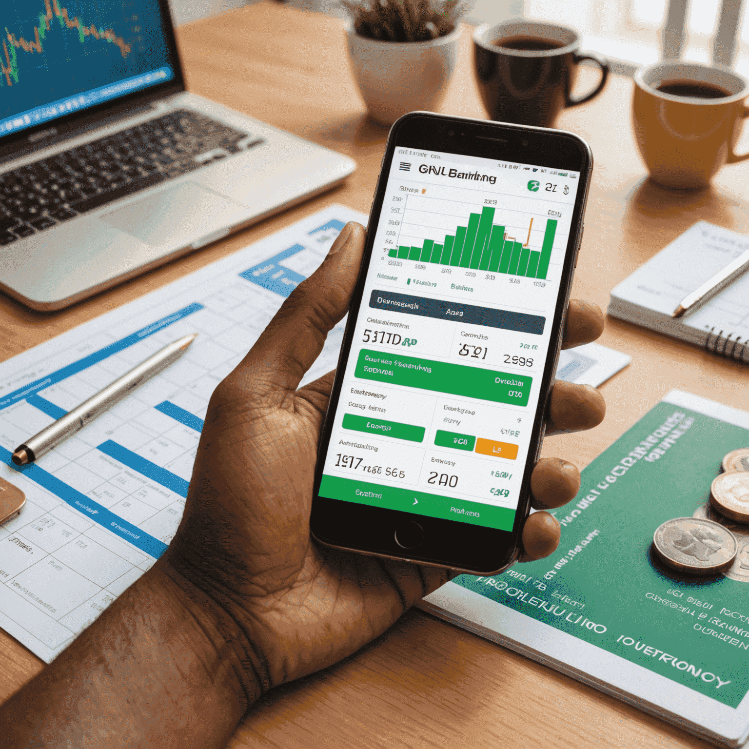 Smartphone displaying gneu-io mobile banking app interface with Nigerian currency and financial graphs in the background
