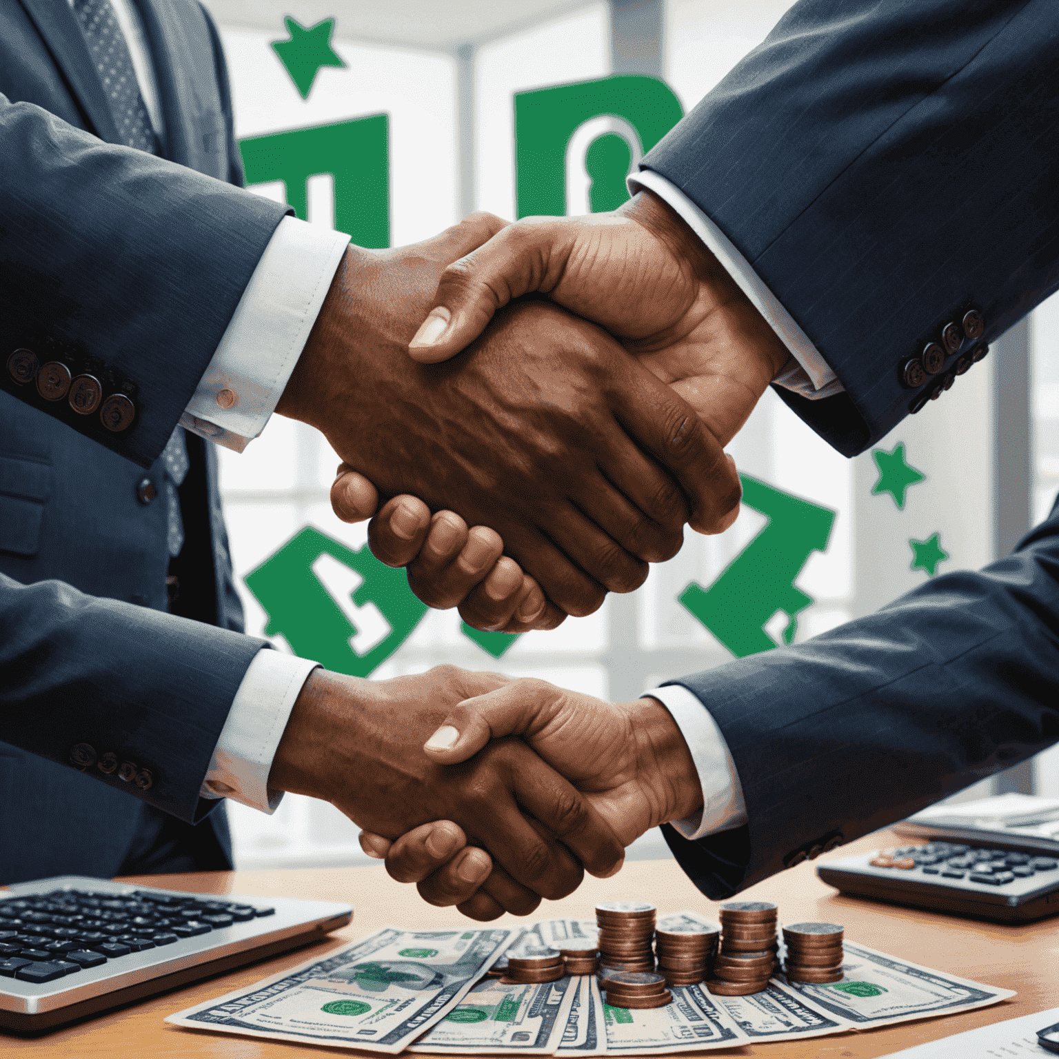 Loans and financing illustration showing a handshake between a banker and a client, with Nigerian Naira symbols floating in the background