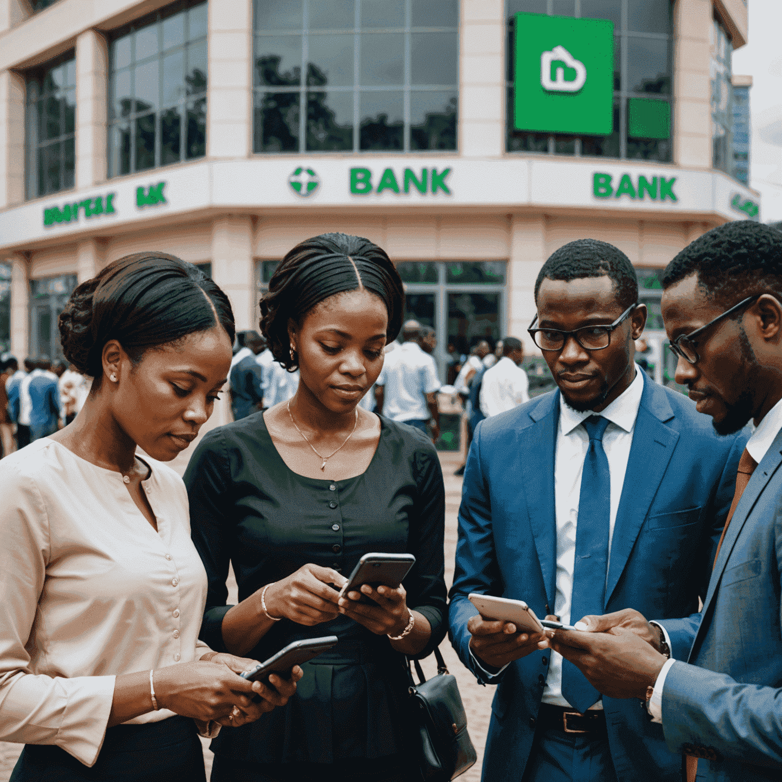 A diverse group of Nigerian customers using various mobile devices to access banking services, with a modern bank branch in the background