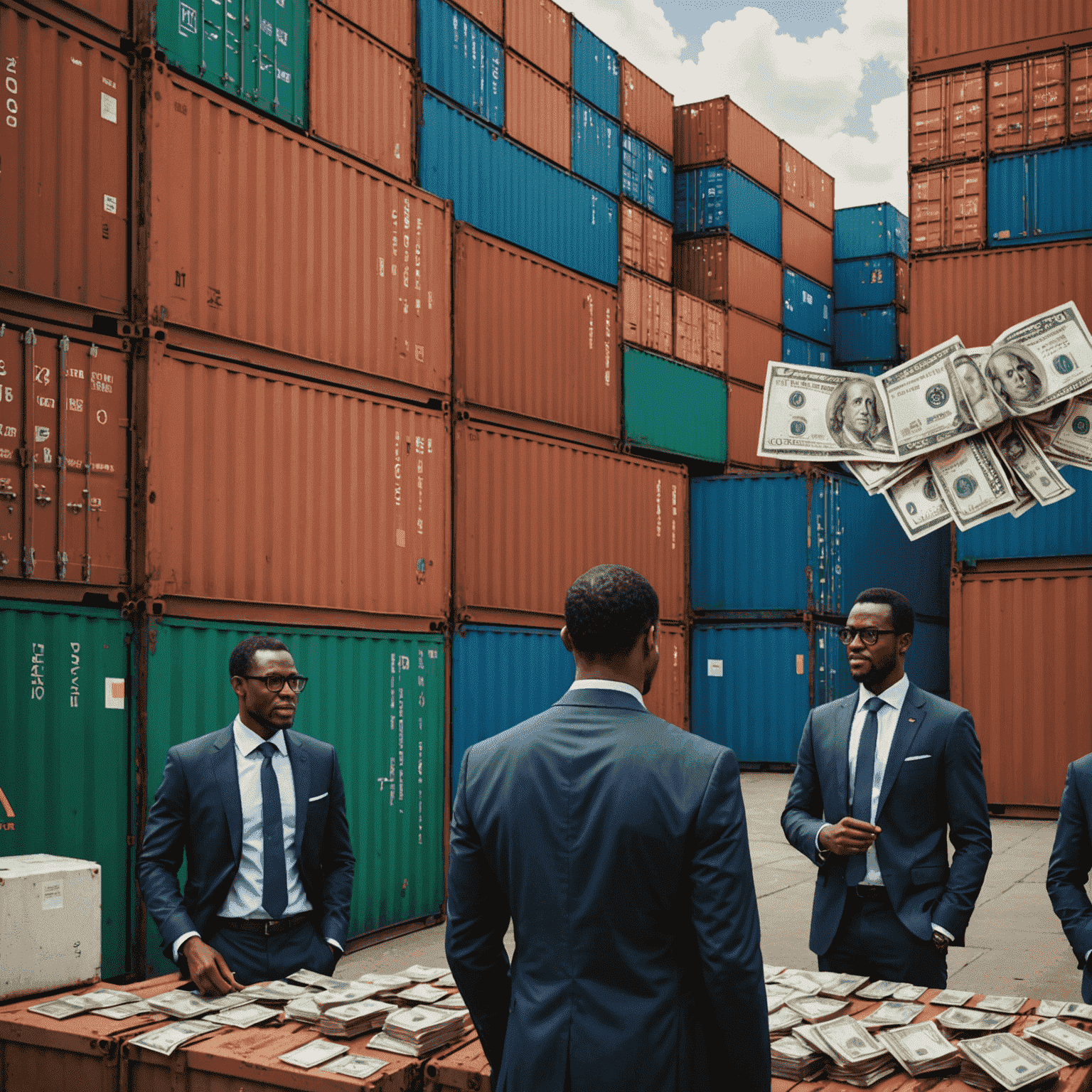 A montage of shipping containers, currency exchange, and Nigerian business people engaged in international trade