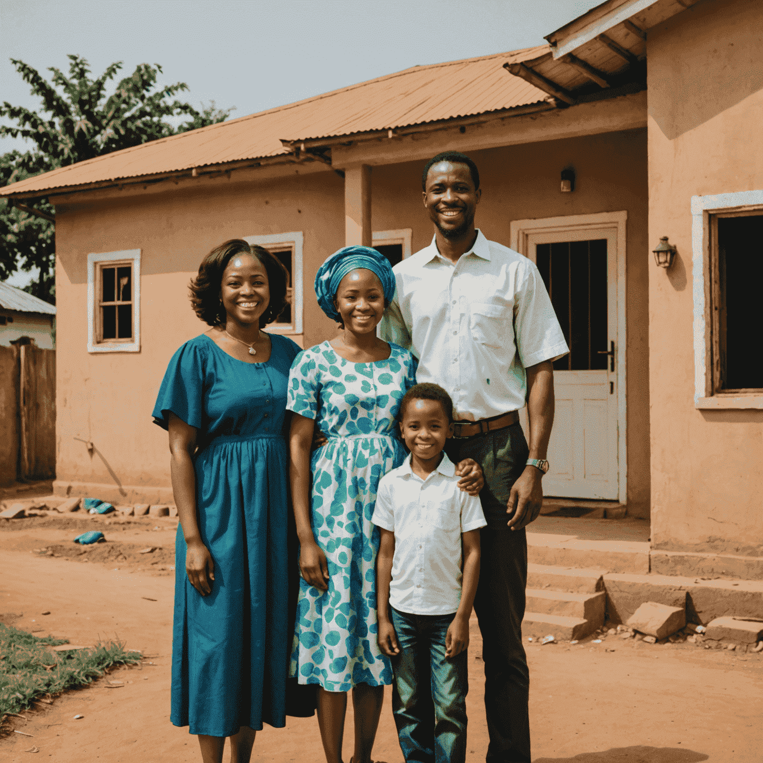 A happy Nigerian family standing in front of their new home