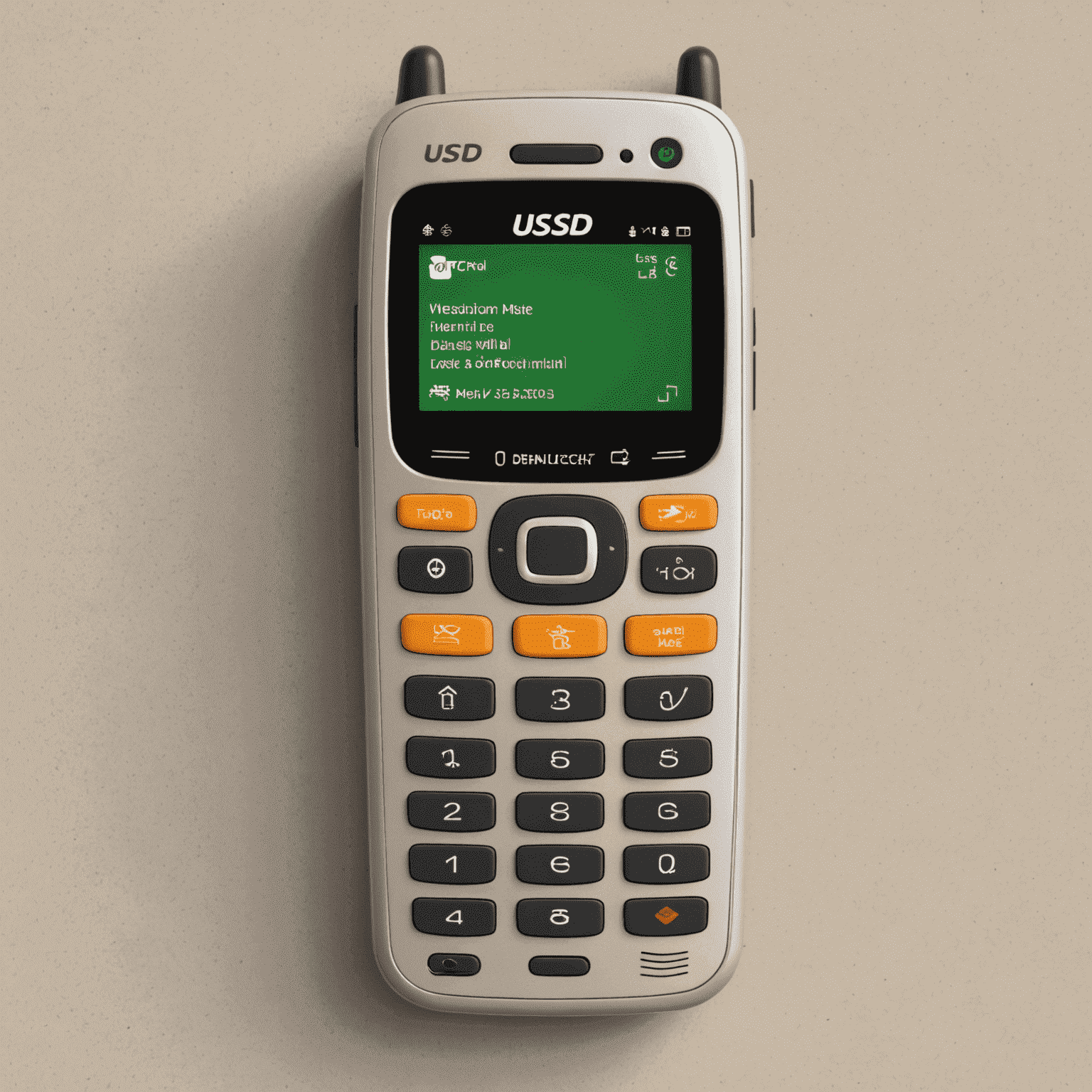 A feature phone showing a USSD banking menu with various banking options