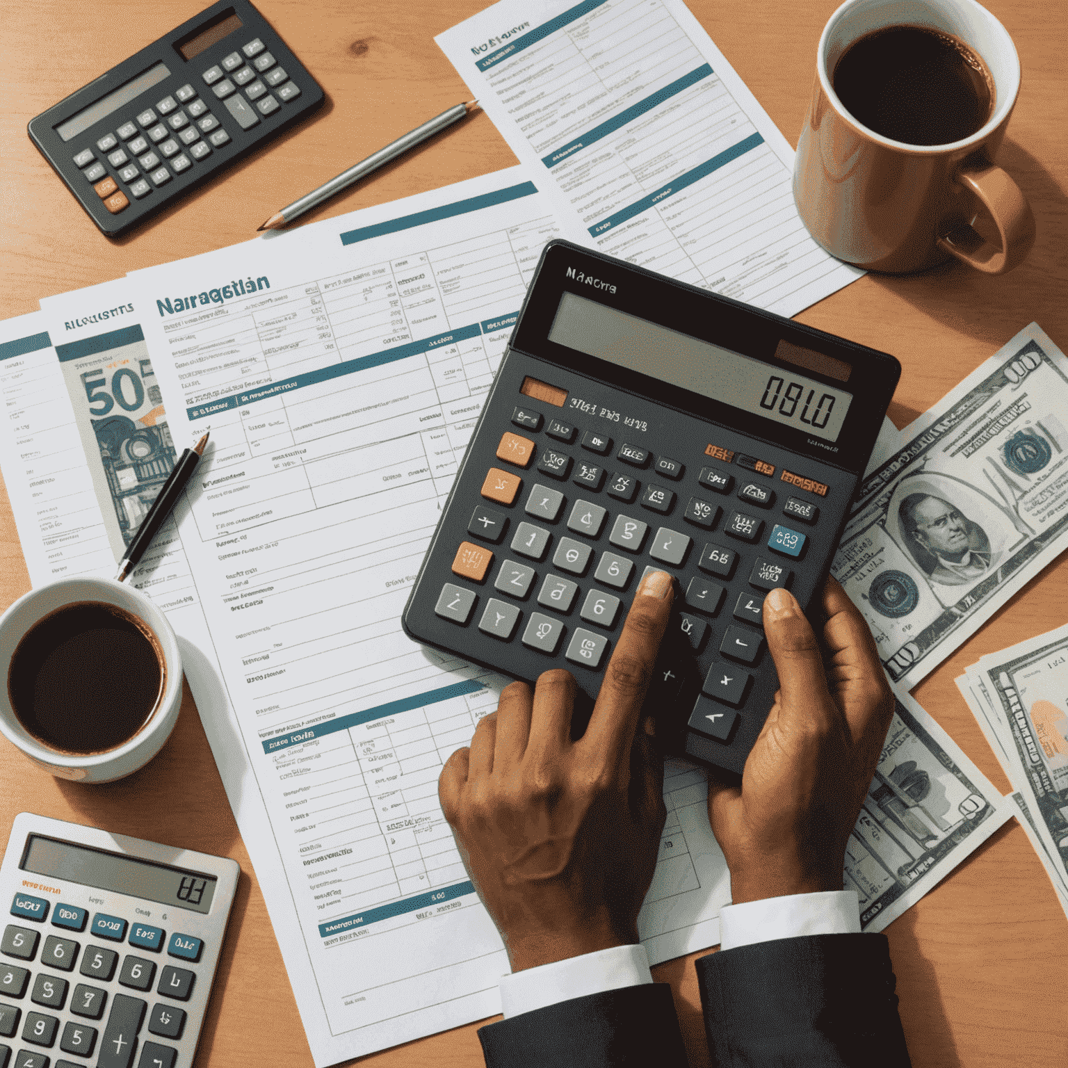 Illustration of a person managing finances with a calculator, budget sheets, and Nigerian Naira notes