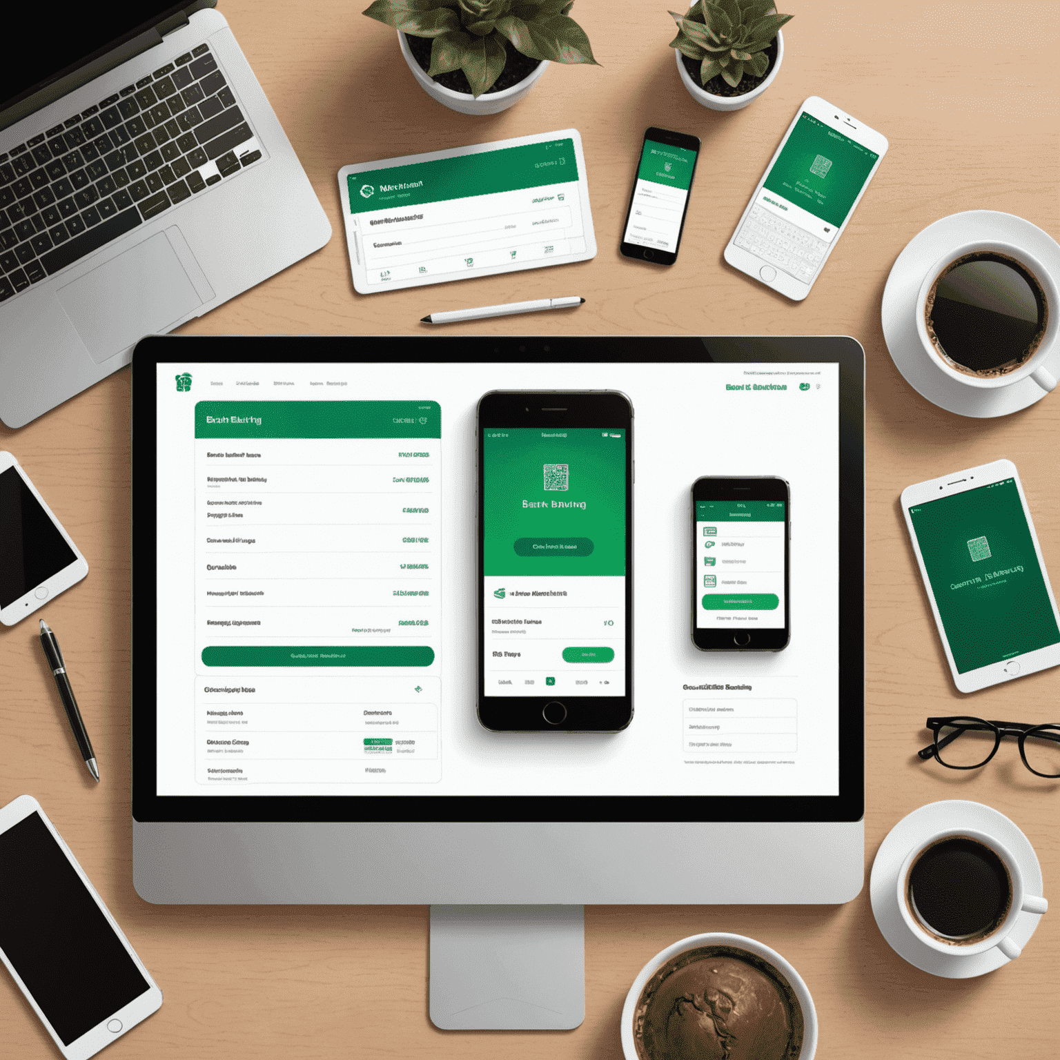 Digital banking services illustration showing multiple devices (smartphone, tablet, laptop) displaying the bank's online banking interface with Nigerian design elements